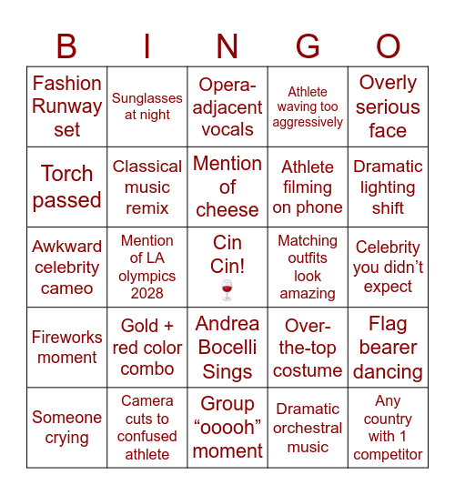 Opening Ceremony Bingo Card