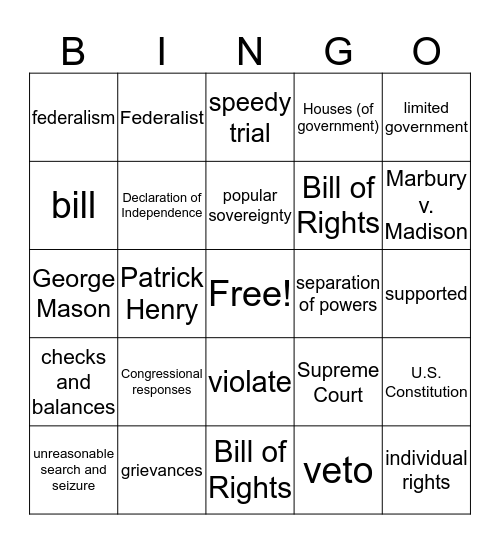 Constitution Bingo Card