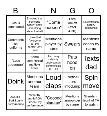 SuperBowl 2026 Bingo Card