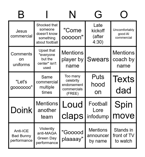 SuperBowl 2026 Bingo Card