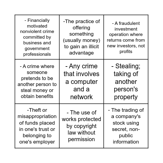 White Collar Crime Bingo Card