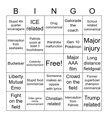 Superbowl Predictions Bingo Card