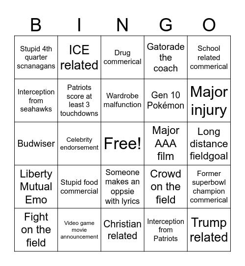 Superbowl Predictions Bingo Card