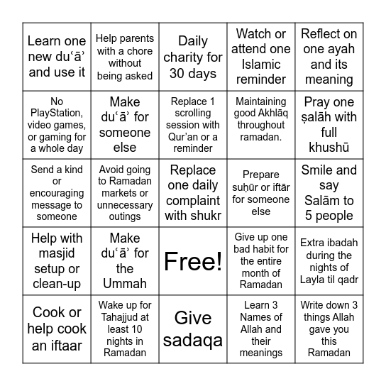 Ramadan Challenge Bingo Card