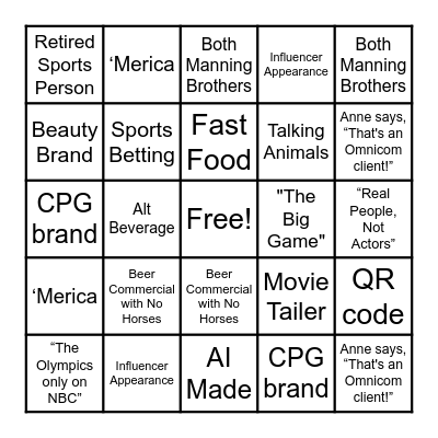 Super Bowl Ad Bingo Card