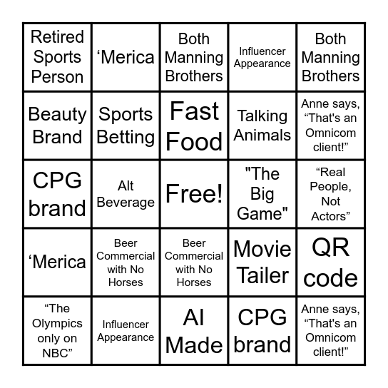 Super Bowl Ad Bingo Card