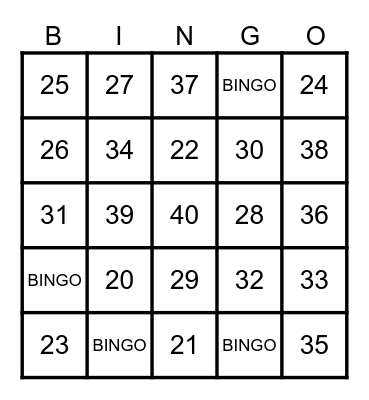 Numbers 20 to 40 Bingo Card