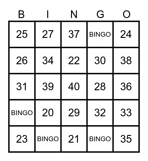 Numbers 20 to 40 Bingo Card
