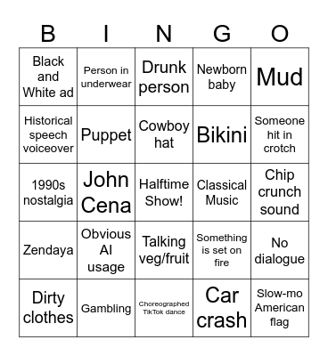Superbowl Commercial Bingo Card