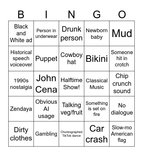 Superbowl Commercial Bingo Card