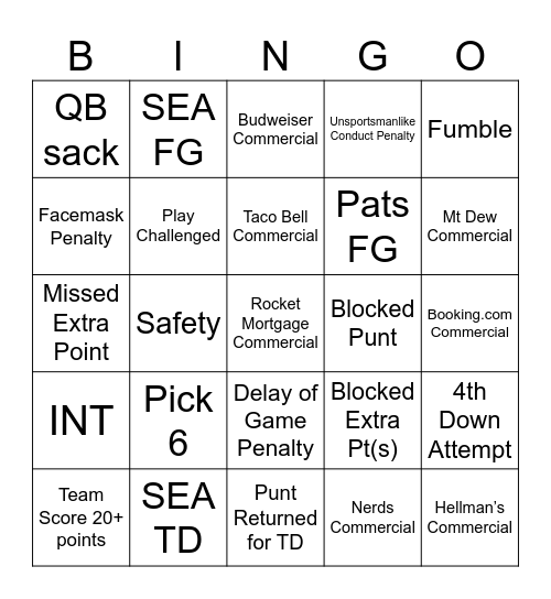 Super Bowl LX Bingo Card