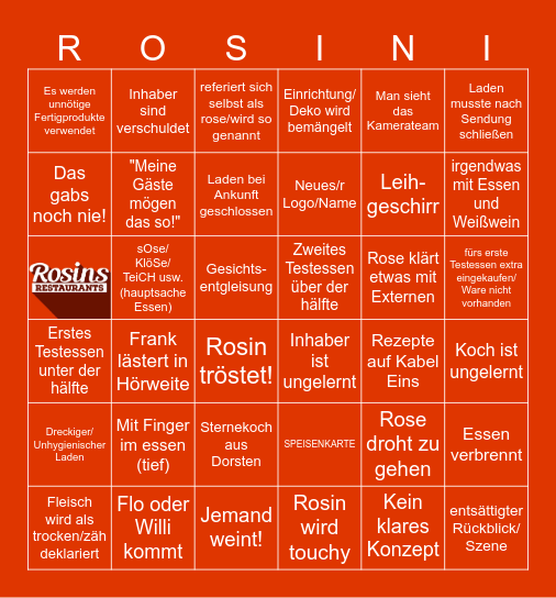 Rosins Restaurants Bingi a la Hakon(Optimus Prime) Bingo Card