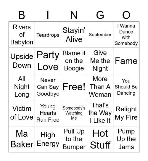 Classic Disco Music Bingo Card
