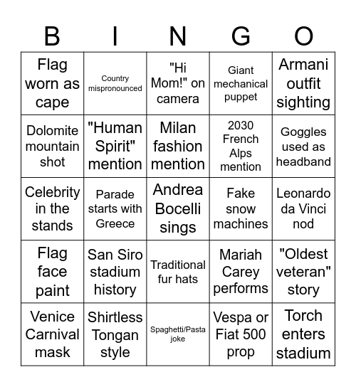 Olympic Opening Ceremony 2026 Bingo Card