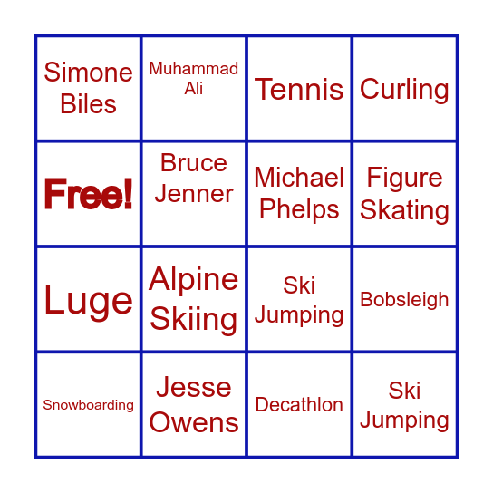 Olympic Bingo Card