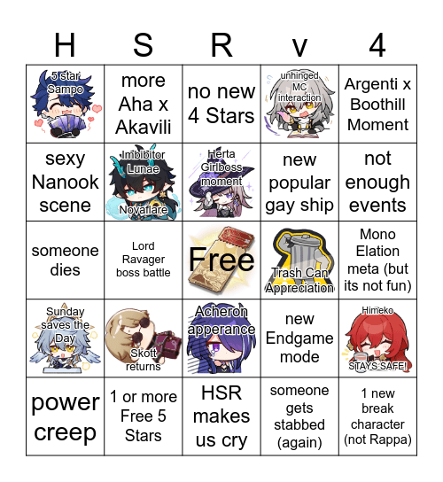 Honkai Star Rail 4.x Predictions Bingo Card