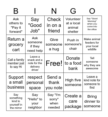 Random Acts of Kindness BINGO Card