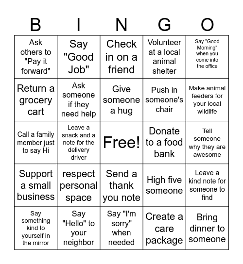 Random Acts of Kindness BINGO Card