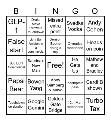 Super Bowl LX Bingo Card