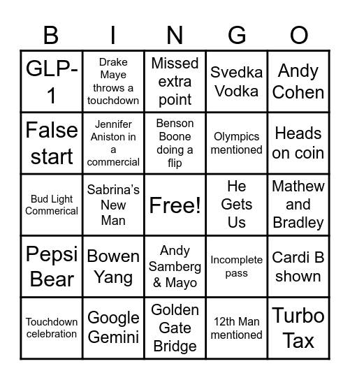 Super Bowl LX Bingo Card
