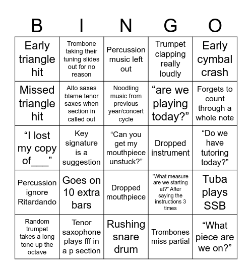 Wind Ensemble Bingo Card