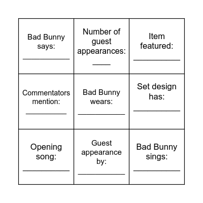 Super Bowl Halftime Show Bingo Card