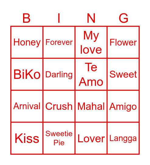 Valentines Bingo Card