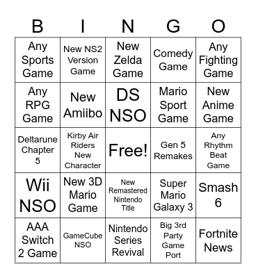 Nintendo Direct Bingo Card