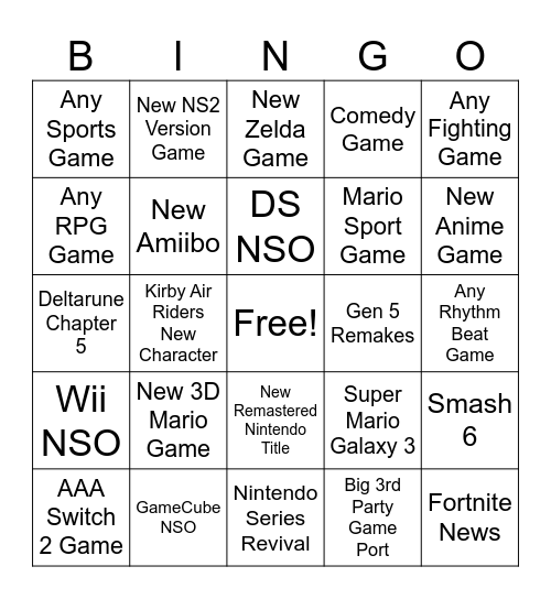 Nintendo Direct Bingo Card