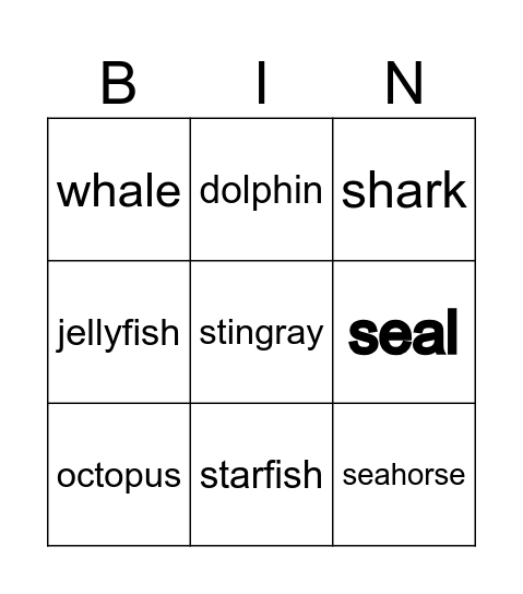 Sea animals Bingo Card