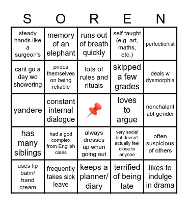 Soren Bingo (irl edition - based off vibes) Bingo Card