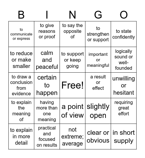 Vocabulary Challenge Bingo Card