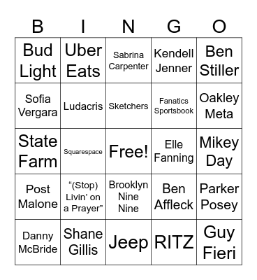 Superbowl Bingo Card
