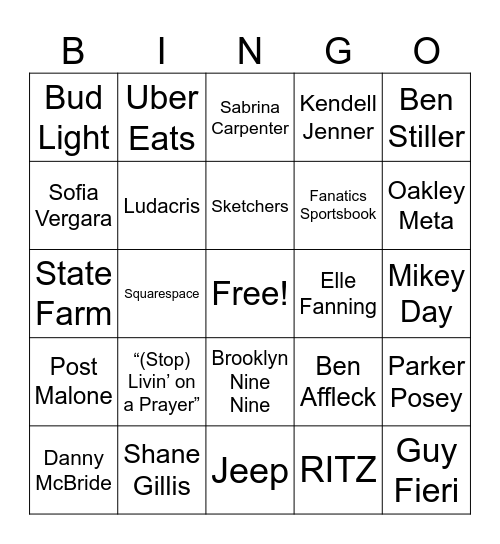 Superbowl Bingo Card