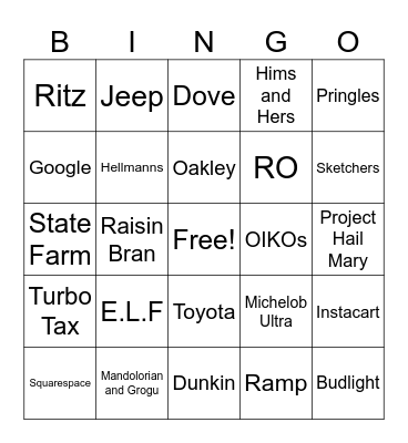 Super Bowl Commercial Bingo Card