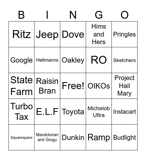 Super Bowl Commercial Bingo Card