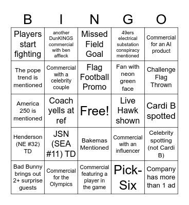 Super Bowl LX Bingo Card
