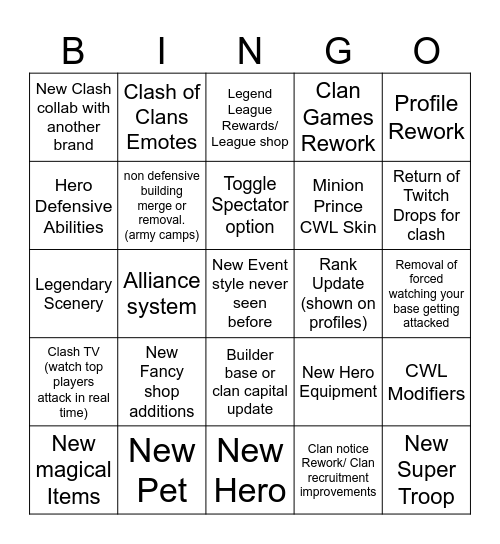 2026 Clash Updates Bingo Card