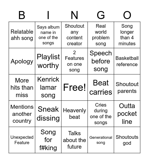J COLE NEW ALBUM BINGO Card