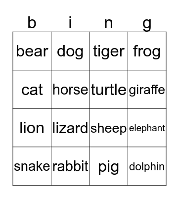 Animal Bingo Card
