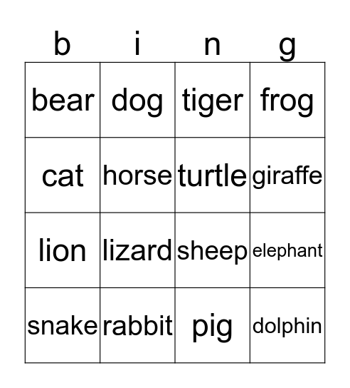 Animal Bingo Card