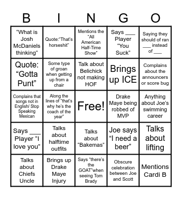 Zellner Super Bowl Bingo Card