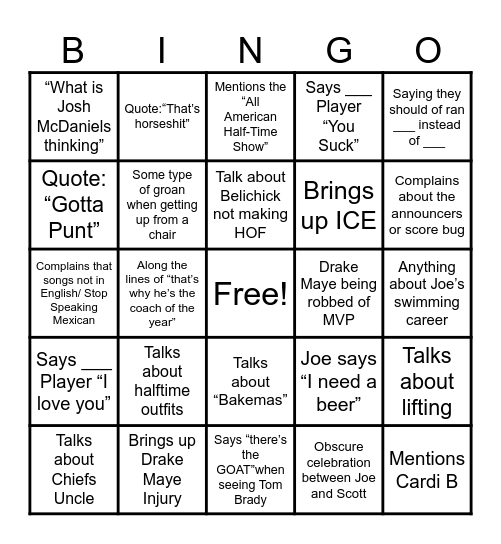 Zellner Super Bowl Bingo Card