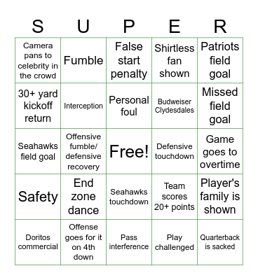 Super Bowl LX Bingo Card