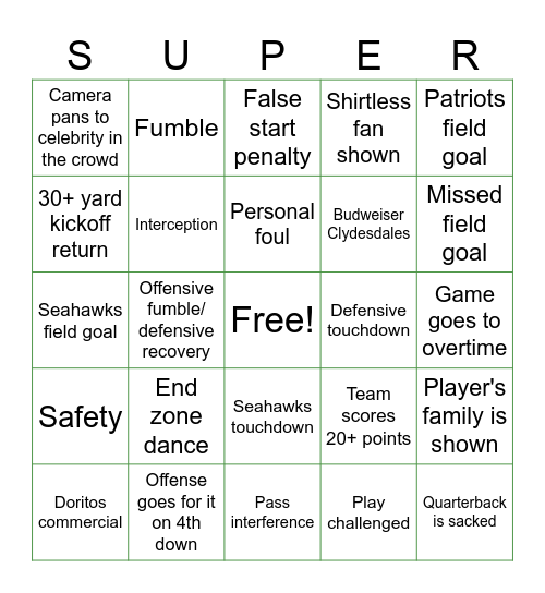Super Bowl LX Bingo Card