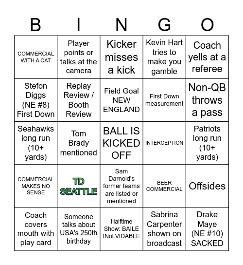 Super Bowl LX BINGO Card