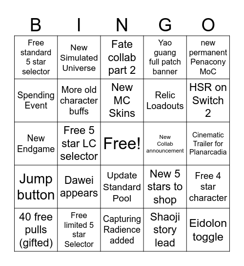 HSR 4.0 LIVESTREAM BINGO Card
