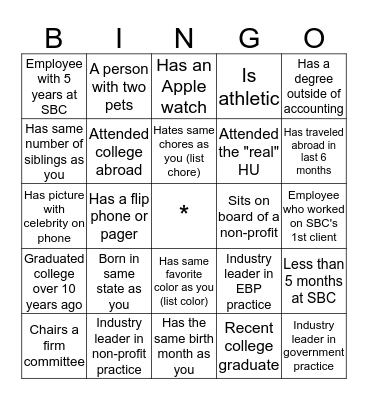 SBC Icebreaker Bingo Card