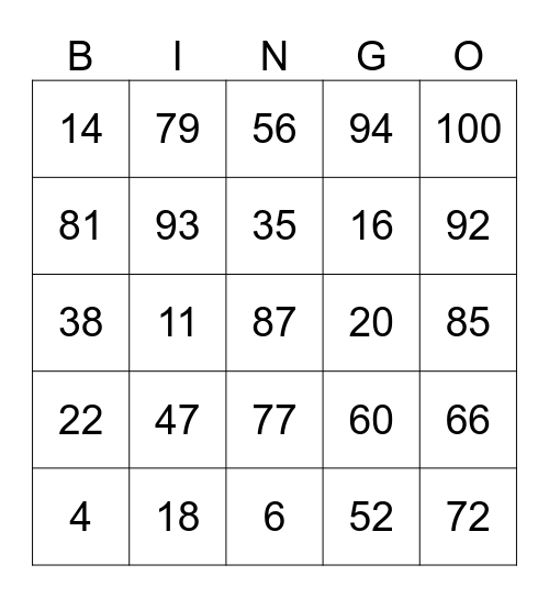números 0-100 Bingo Card
