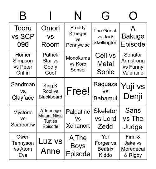 Updated Death Battle 26 Bingo Card